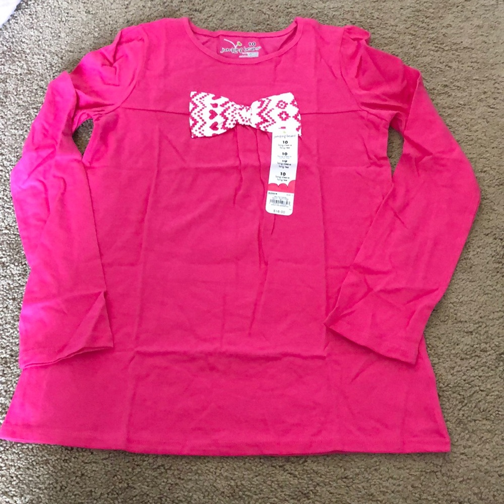 Jumping Beans Shirt Girls Size 10 Hot Pink White Bow‎ Long Sleeves NWT